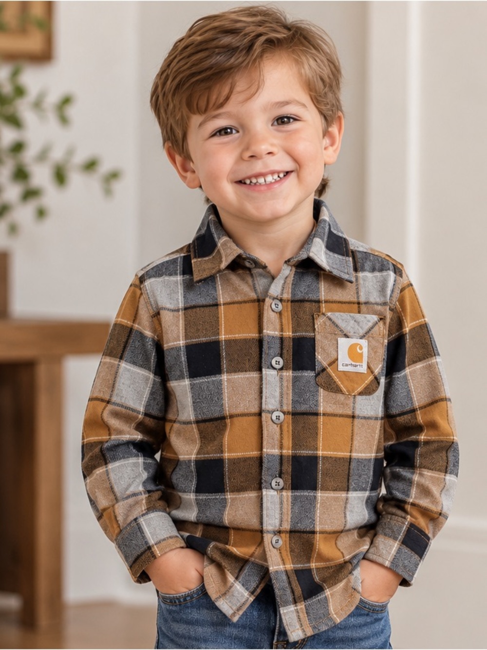 Carhartt Boys Plaid Flannel Button-Down Shirt – Size 4 | Brown Grey Black